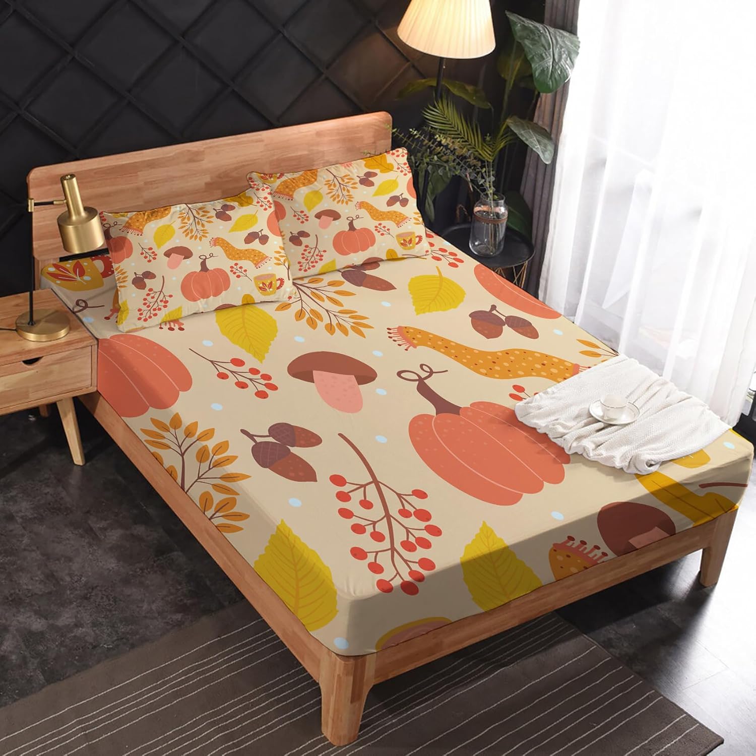 zcsm Juego de sábanas para decoración de otoño, sábanas de microfibra suave, bolsillo profundo, sábanas y fundas de almohada estampadas sin arrugas,