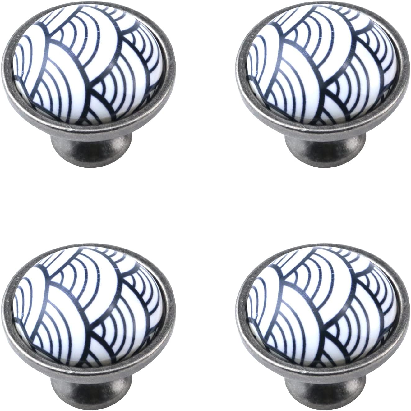 4 pomos de gabinete retro azules con ondas marinas para cajones, pomos florales de cerámica para armario de cocina con tornillos para armario,