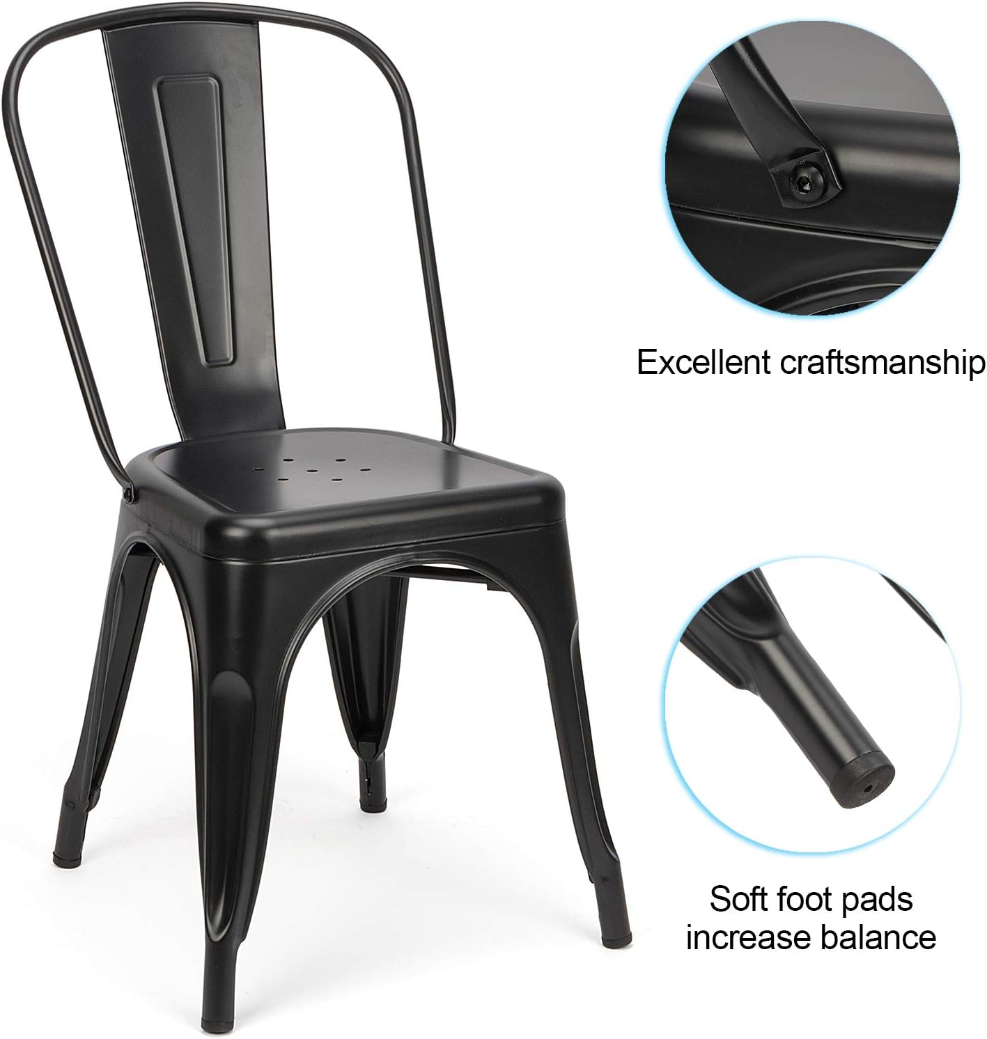Juego de 4 sillas de comedor de metal negro, sillas de patio, sillas de metal para cocina, sillas de metal para interiores y exteriores, silla de