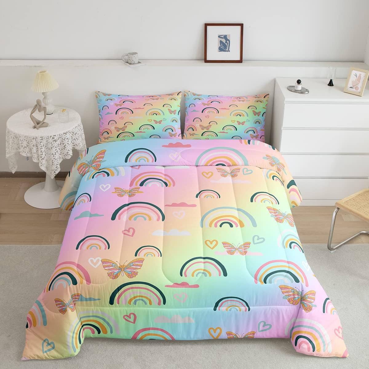 Juego de ropa de cama de arcoíris para niños y niñas, edredón de mariposas de dibujos animados, decoración de dormitorio, edredón acolchado de
