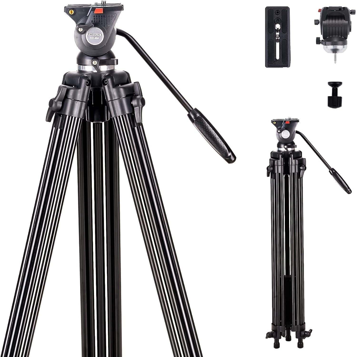 Trípode resistente de 75 pulgadas para cámara, trípode de video profesional con cabezal fluido, trípode ligero para cámara de 17.6 libras, tubo