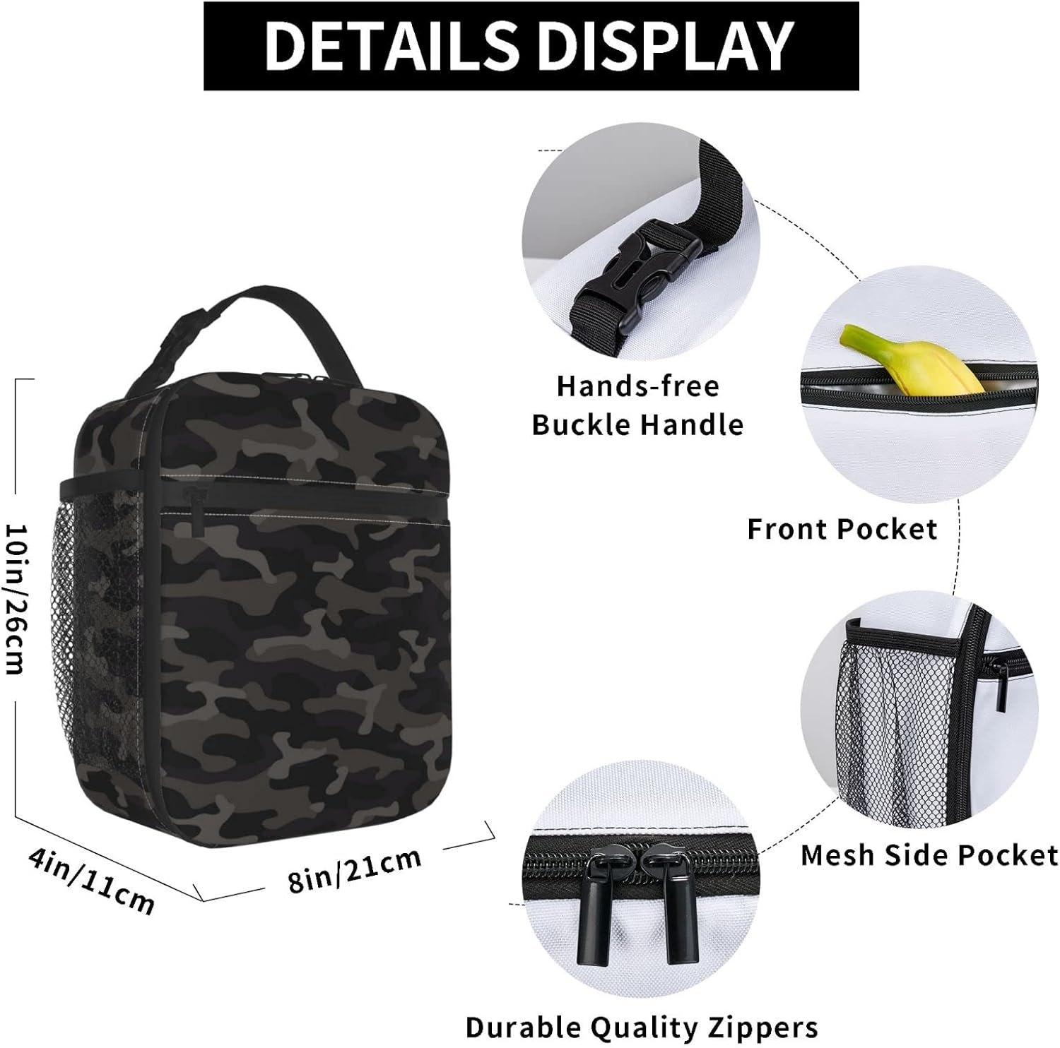 Bolsa de almuerzo portátil de camuflaje negro y gris con aislamiento, bolsa de almuerzo reutilizable para mujeres hombres trabajo picnic camping