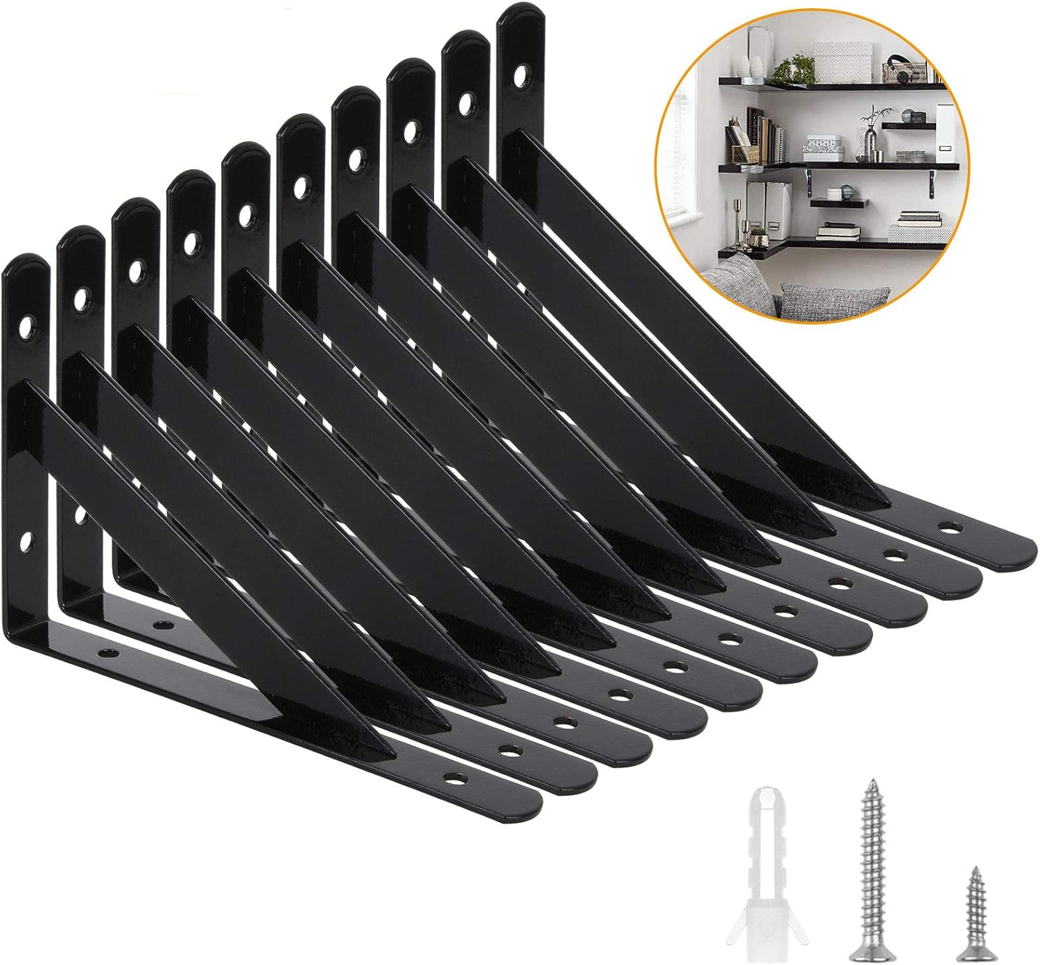 Paquete de 10 soportes de estante resistentes de 6 x 3.7 pulgadas, soportes de estante triangulares negros flotantes, ángulo de 90 grados, para