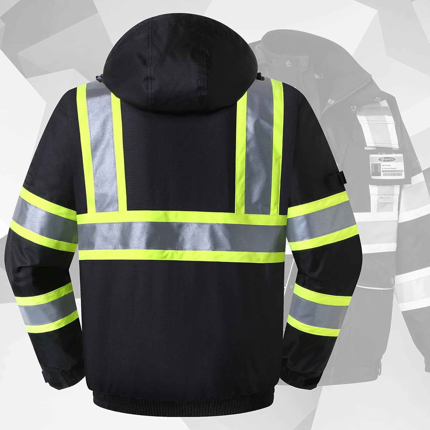 JKSafety Chaqueta bomber de invierno reflectante 3M impermeable de alta visibilidad con 10 bolsillos, color negro, bolsillo seguro para tableta,