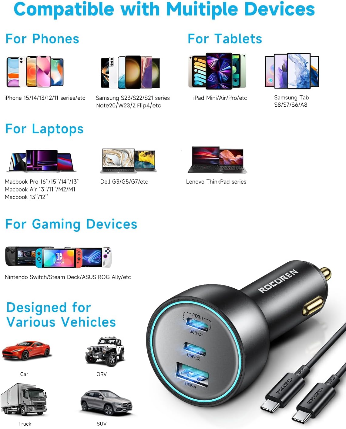 Rocoren Cargador de coche USB C de 165 W, PD3.1 140WPD3.0 100 W tipo C, cargador USB QC5 de carga súper rápida con cable de 240 W para MacBook Pro,