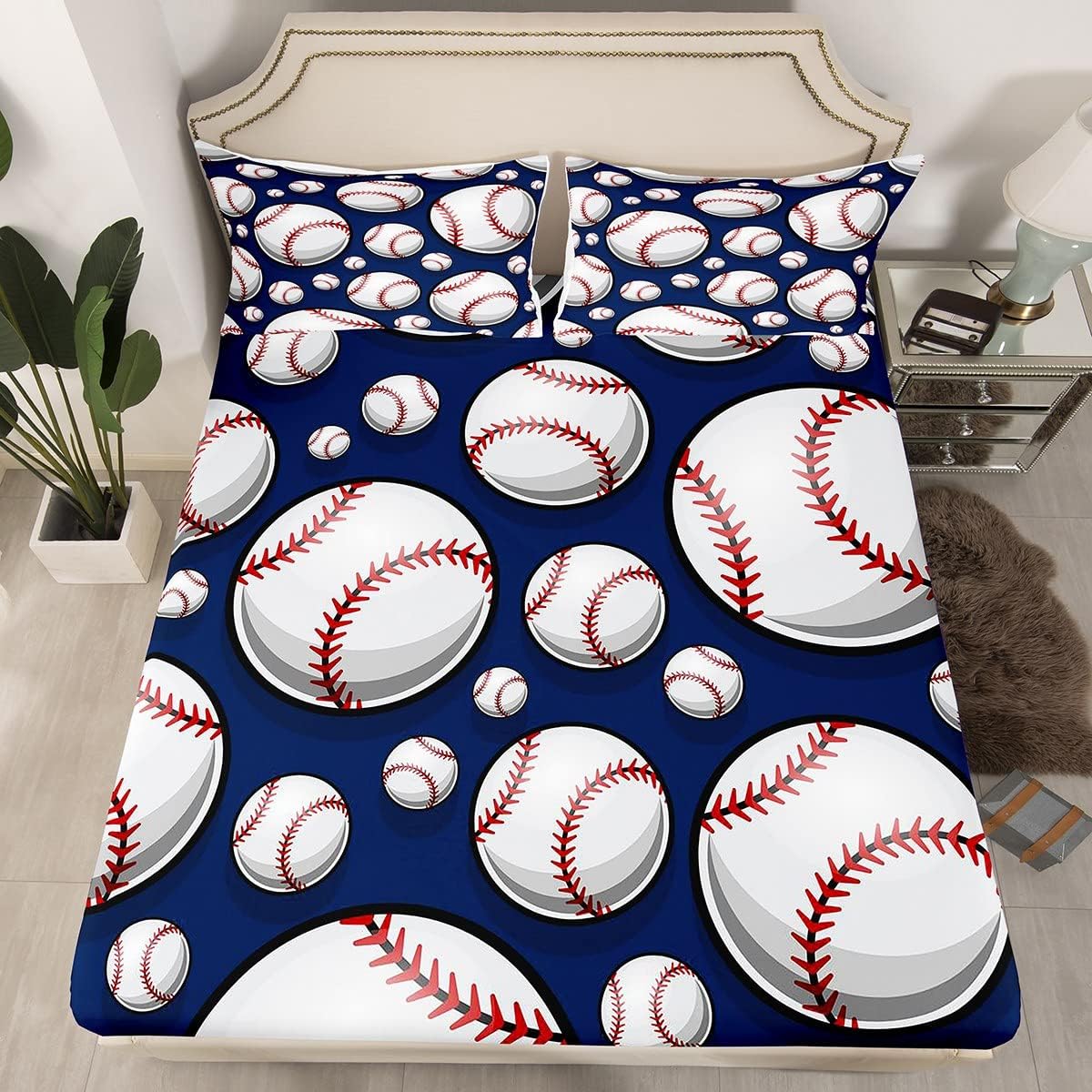 Juego de ropa de cama de béisbol con temática deportiva, sábana bajera ajustable para niños, niñas, adolescentes, 3D, patrón de bola azul, juego de