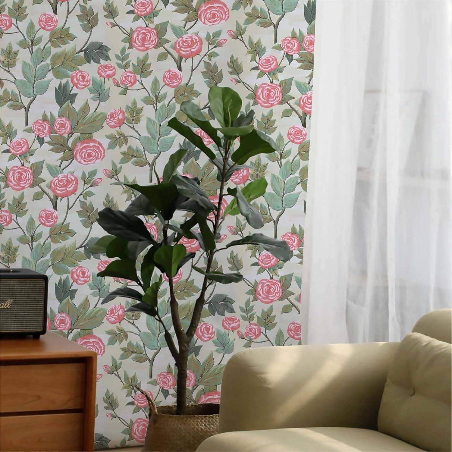 Dimoon Papel tapiz floral de 236 x 16.1 pulgadas, papel de contacto con hojas verdes, flores rosadas, grueso, impermeable, autoadhesivo, papel tapiz