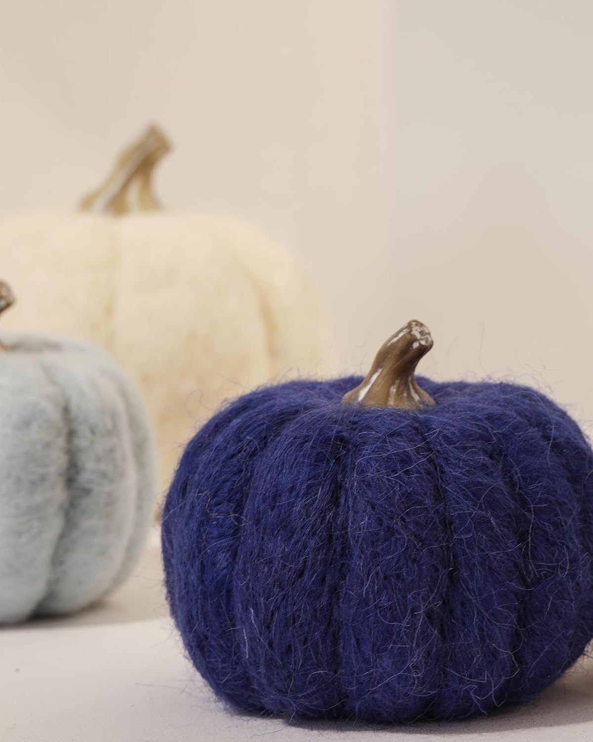 DN DECONATION 3 calabazas decorativas de calabaza, calabazas de lana azul marino para decoración, calabaza de tela pequeña como centro de mesa para