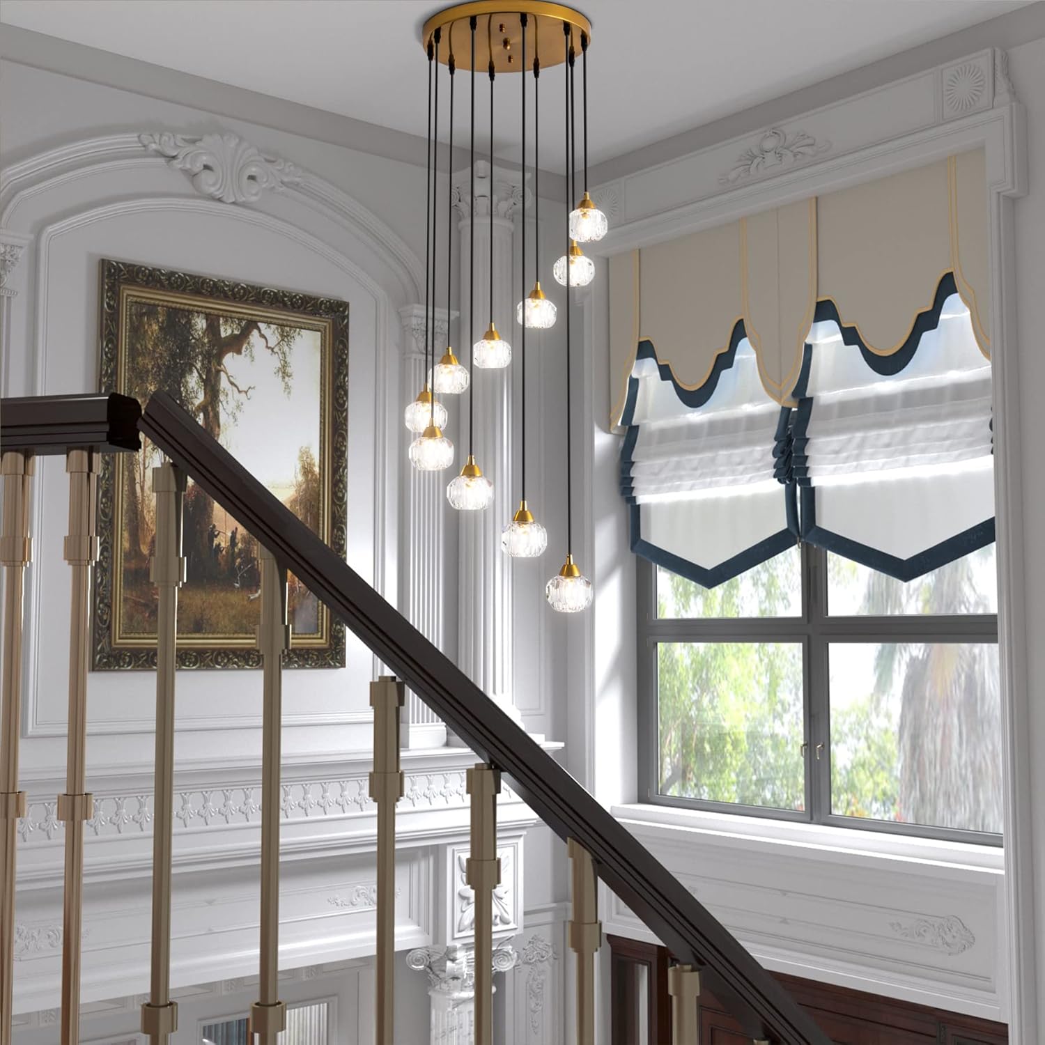 Maxax Candelabros de techo de cristal de 10 luces, lámpara colgante grande de gota de lluvia moderna de montaje empotrado, lámparas de techo de