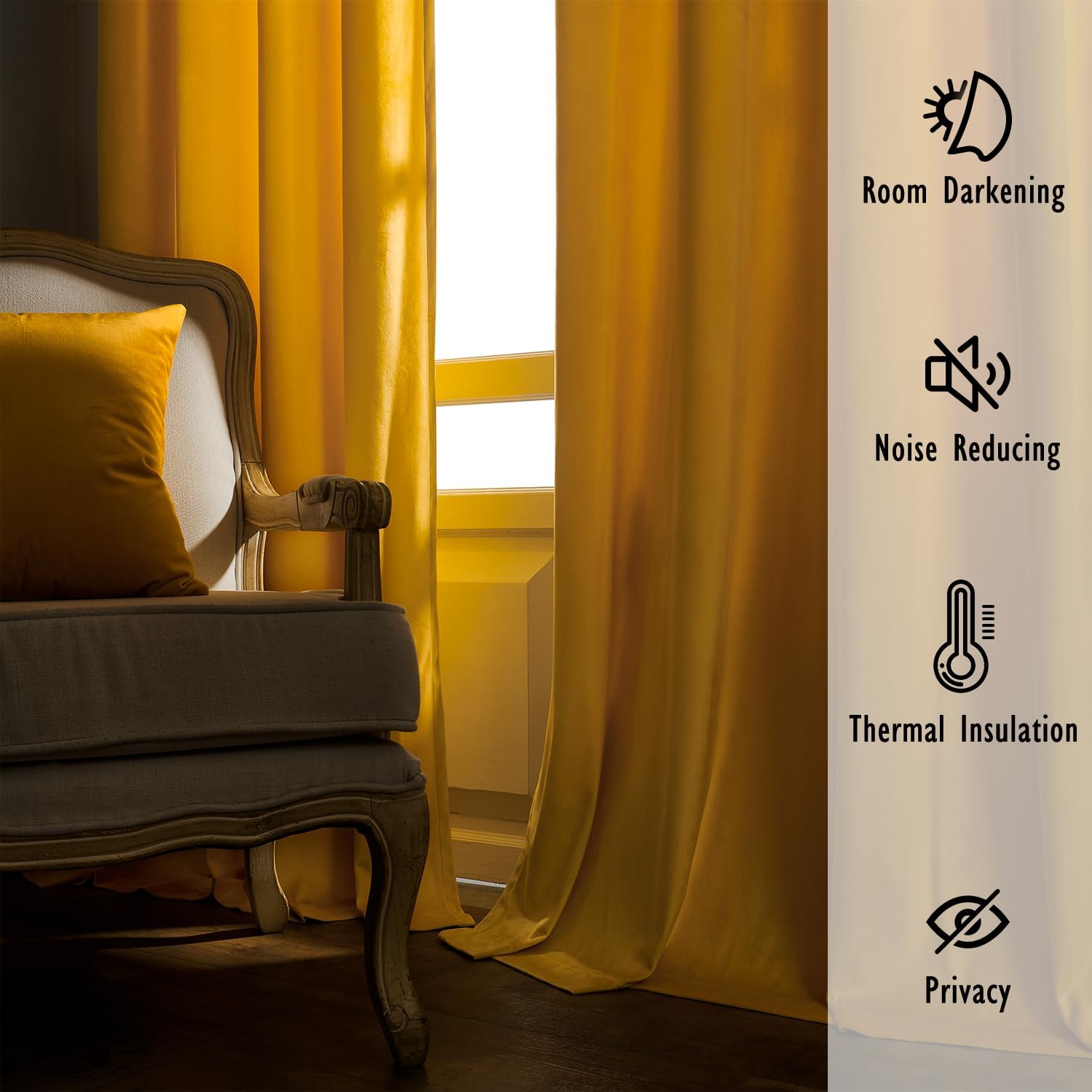ChrisDowa Cortinas de terciopelo dorado de 84 pulgadas de largo, juego de 2 paneles con aislamiento térmico para oscurecer la habitación, cortinas