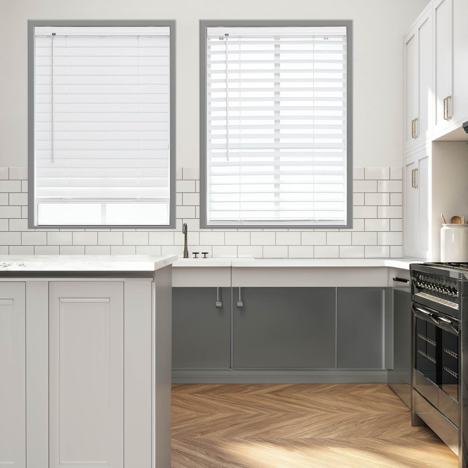 DEZ FURNISHINGS Persiana veneciana de listones planos sin cordón de 2 pulgadas, 58.5 pulgadas de ancho x 48 pulgadas de alto, blanco