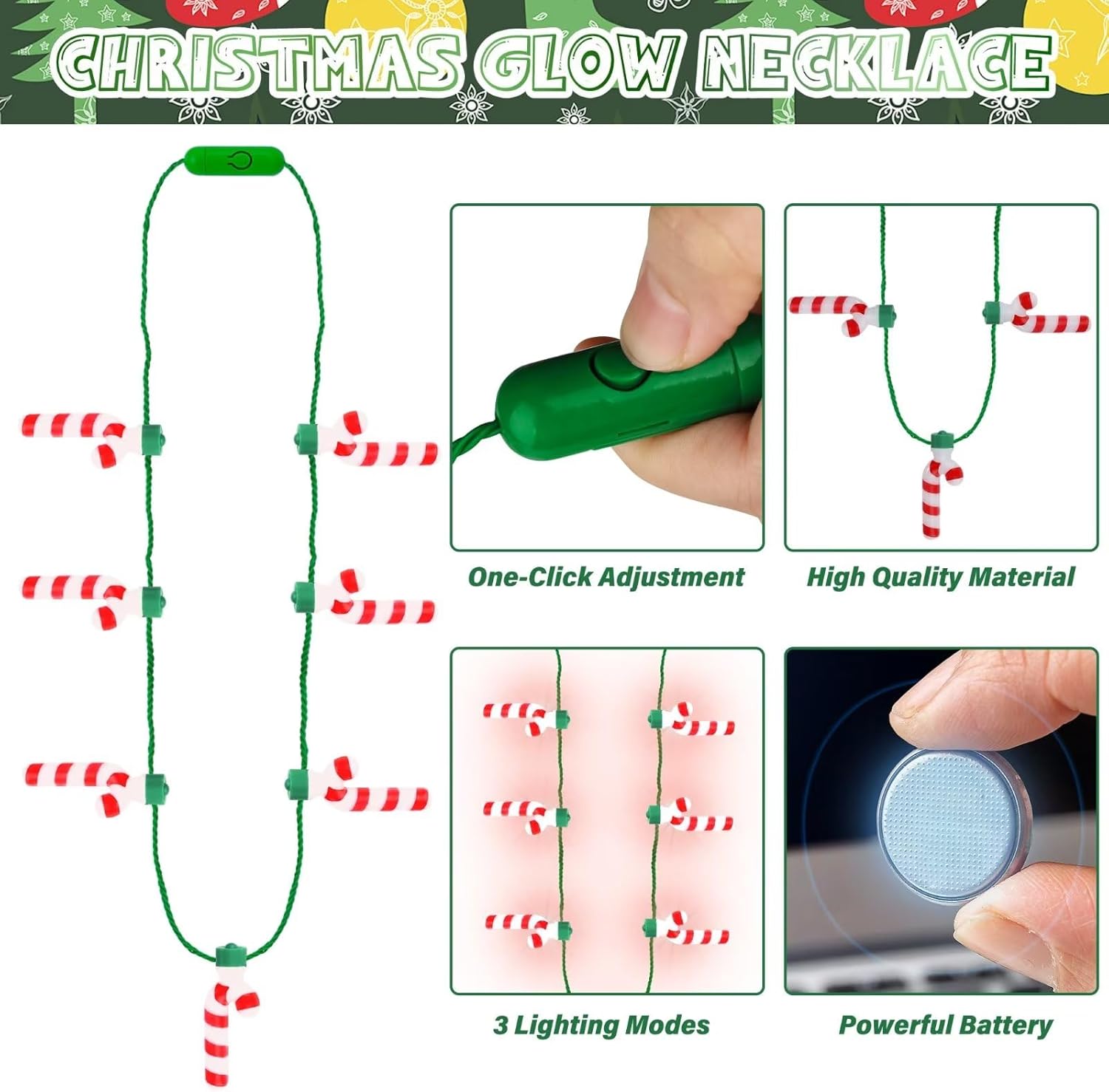 Collar de Navidad iluminado, 4 piezas de collar de Navidad con bastón de caramelo brillante para mujeres y hombres, collar de luz 3D con 7 colgantes