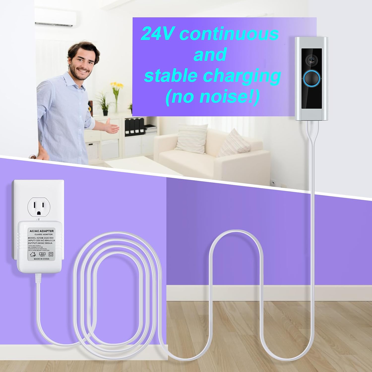 UAUSE Adaptador transformador de timbre de 24 V, termostato adaptador de cable C, fuente de alimentación de 26 pies (315 pulgadas) de largo,