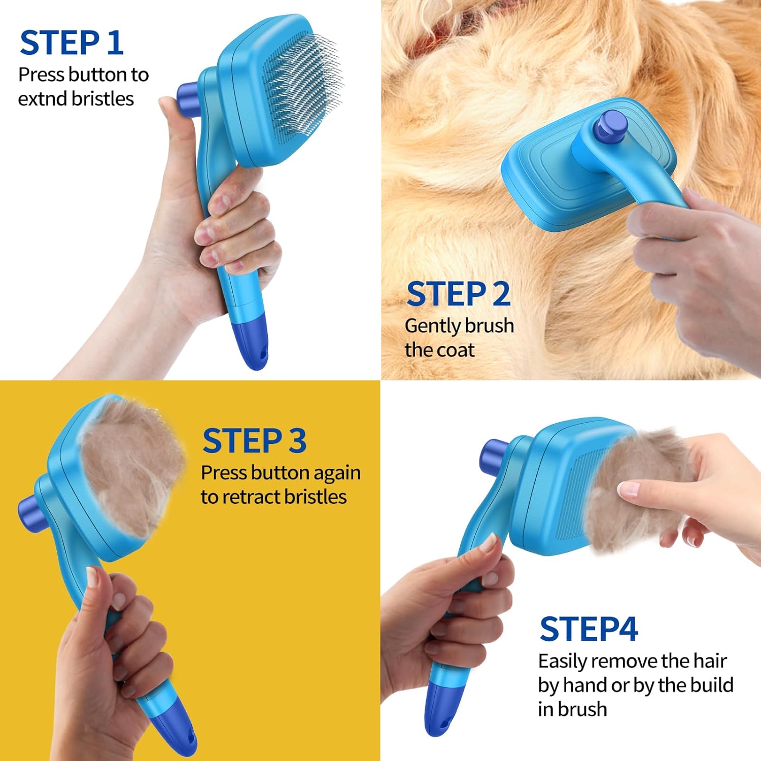 Cepillo deslizante autolimpiante para quitar y asear perros y gatos de pelo largo y corto, cepillo retráctil para mascotas con herramienta removedor