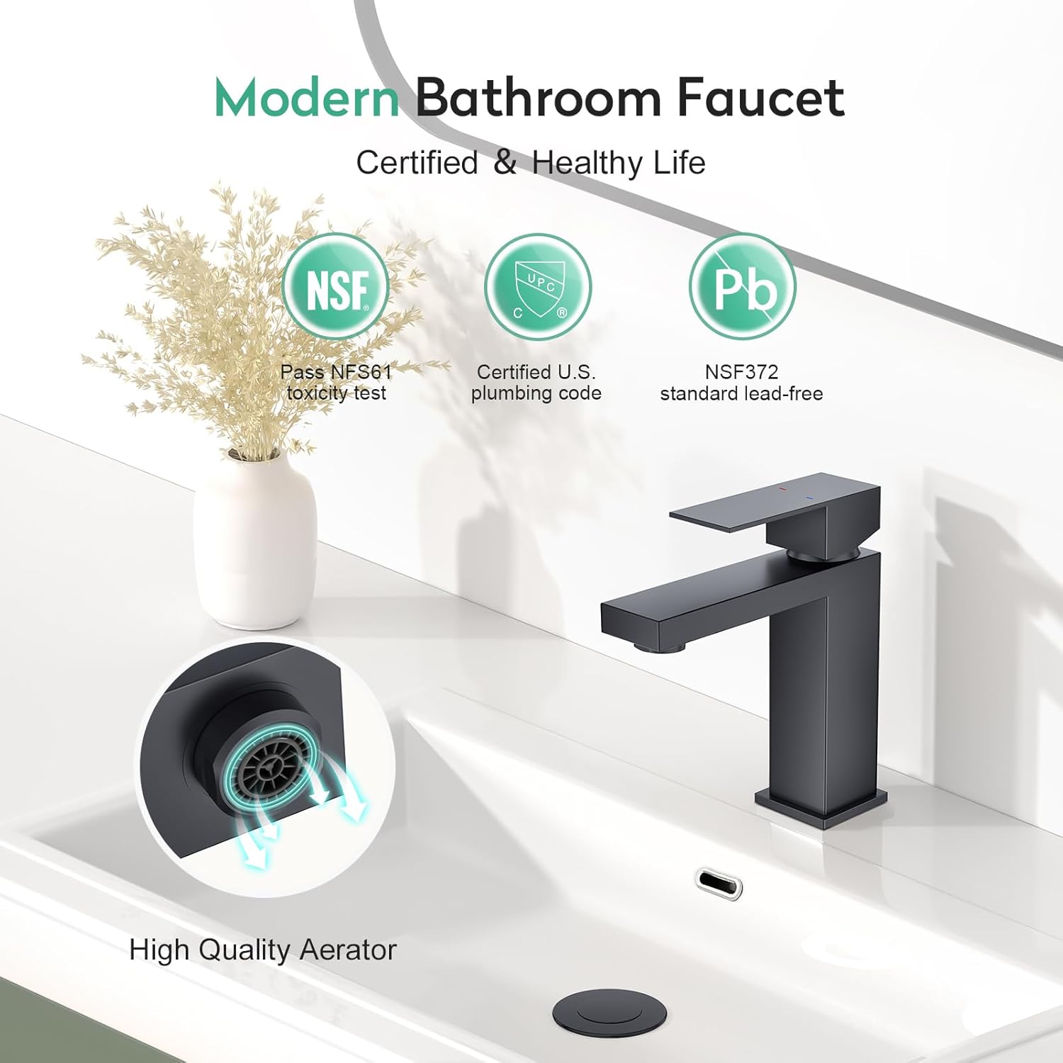 Faustina Grifo de baño negro de 1 agujero, grifo de baño de un solo orificio con ensamblaje de drenaje desplegable, grifo de tocador central, grifo