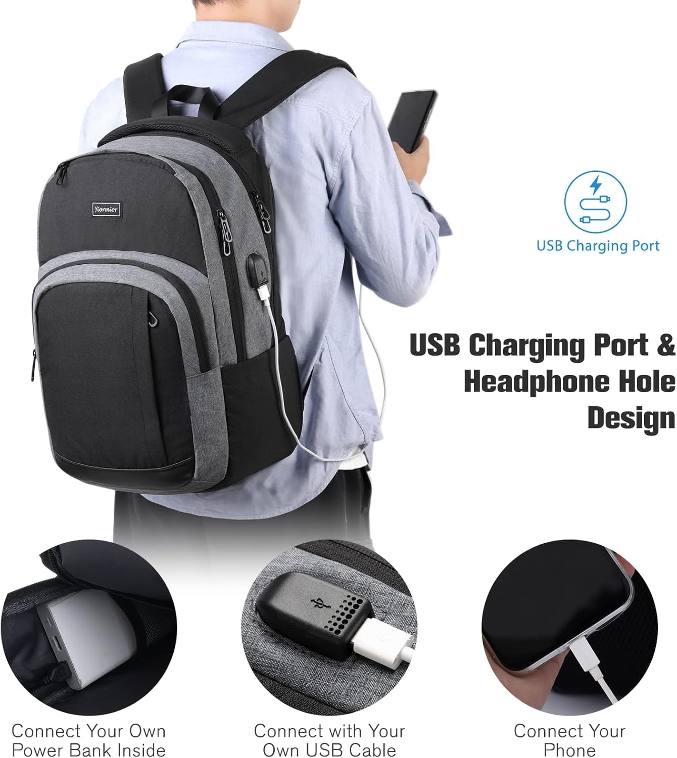 Mochila para laptop de viaje, mochila escolar para mayores de 3 años, Negro Gris, Classic
