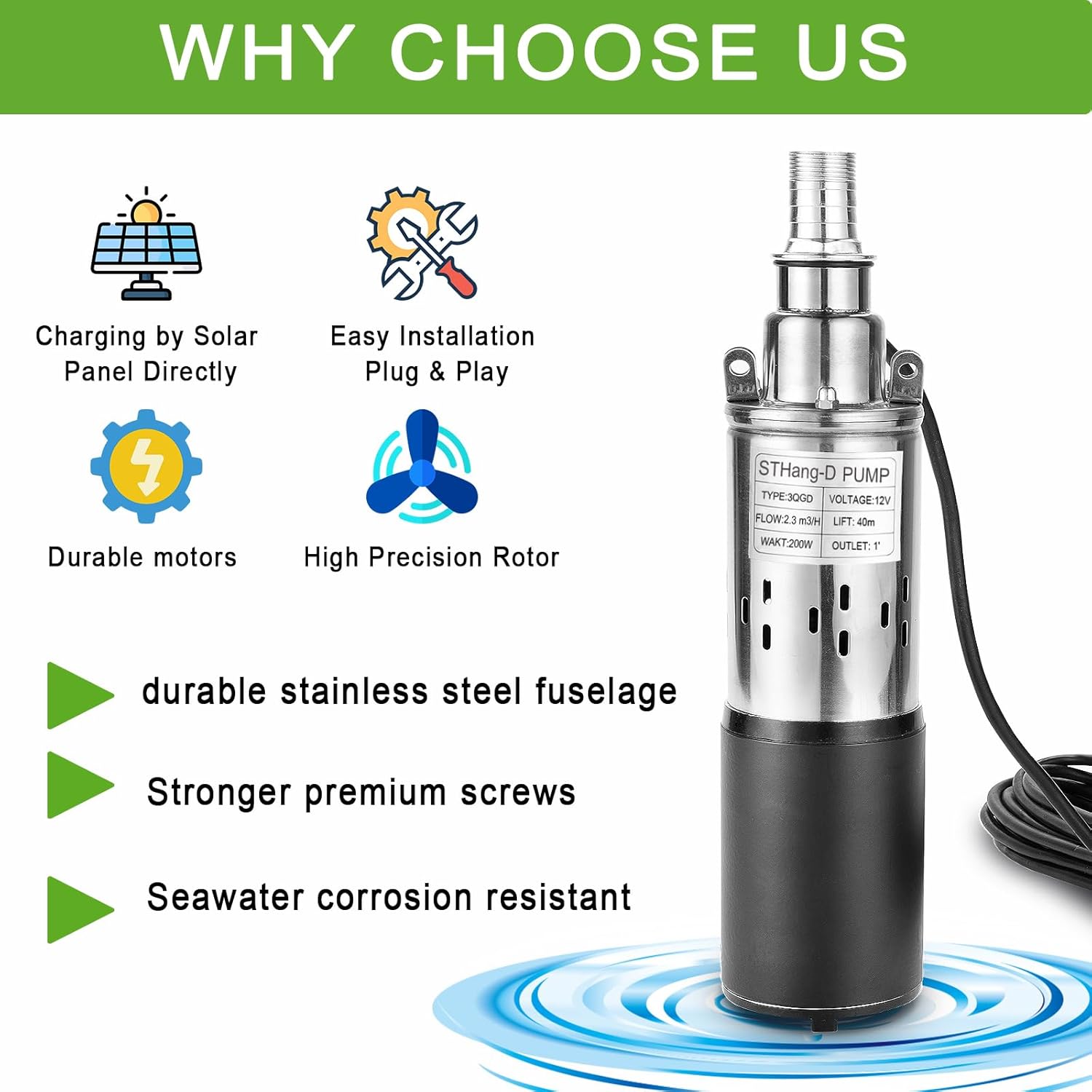 STHang-D Bomba sumergible de pozo profundo de 12 V DC 200 W Bomba de agua eléctrica con energía solar, tornillo de acero inoxidable Bomba de salida