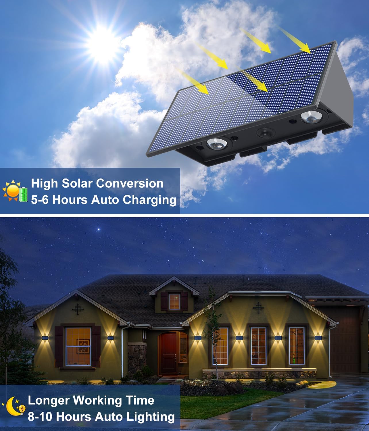 Luces solares impermeables para exteriores, 4 luces LED solares para valla, color blanco cálido, luces solares de pared de atardecer a amanecer,