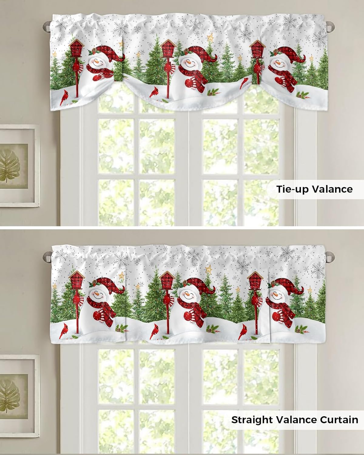 Cenefas de cortina de Navidad con diseño de muñeco de nieve para ventanas, cenefas cortas de cortina de ventana verde con copo de nieve, cortinas de