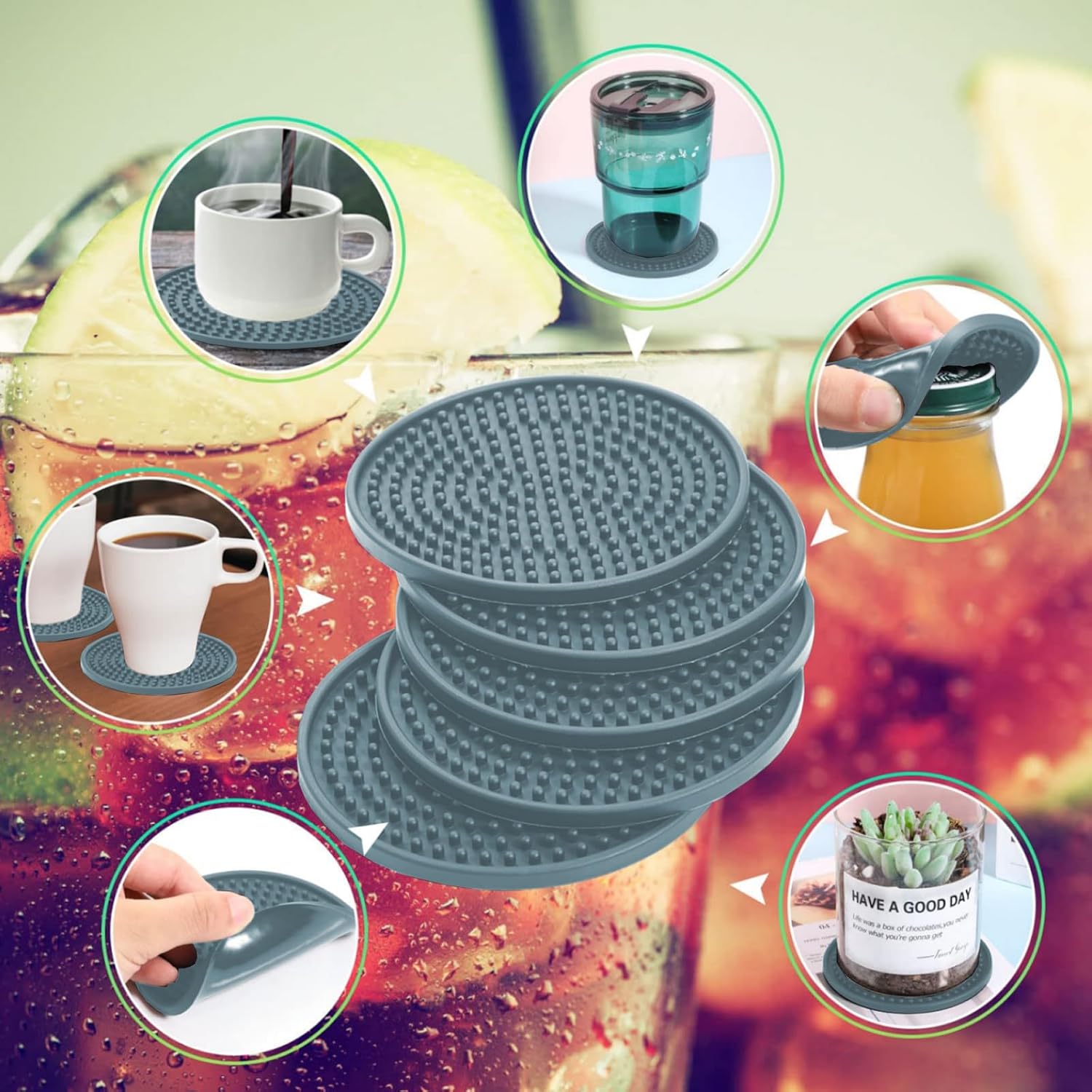 Posavasos de silicona para bebidas 8 unidades, posavasos de silicona para bebidas con soporte, tapete para bebidas antideslizante y antiadherente,