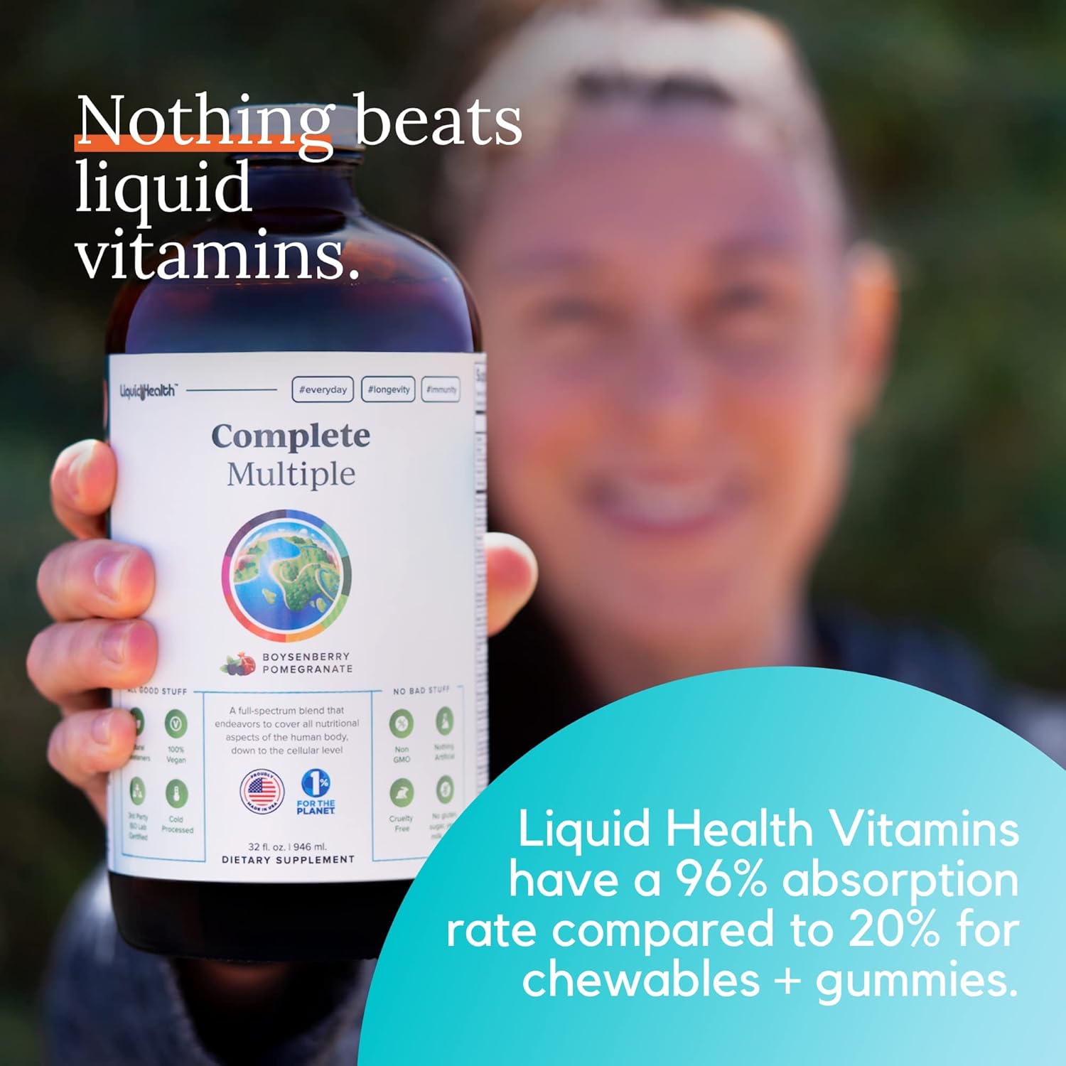 LIQUIDHEALTH Multivitamínico líquido de 32 onzas para hombres y mujeres adultos, apoyo inmunológico natural, sin OMG, vegano, sin gluten, sin