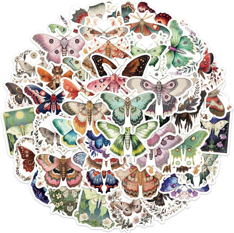 Calcomanías de polilla para álbumes de recortes, calcomanías estéticas de animales, 50 calcomanías de polilla de dibujos animados coloridas,