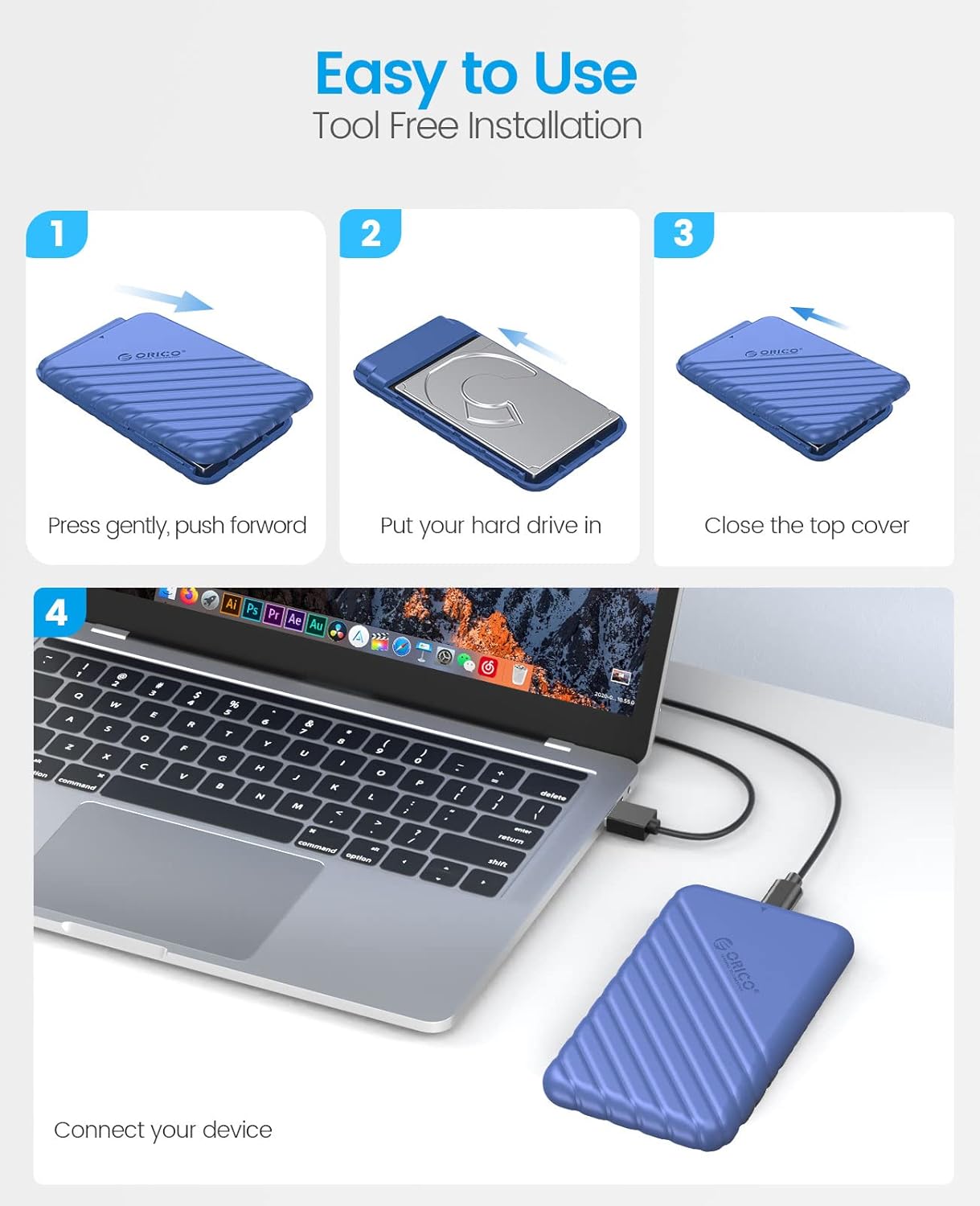 ORICO Caja de disco duro externo de 2,5 pulgadas USB 3.0 a SATA III para 0.276 in y 0.374 in SATA HDD SSD sin herramientas compatible con UASP Azul