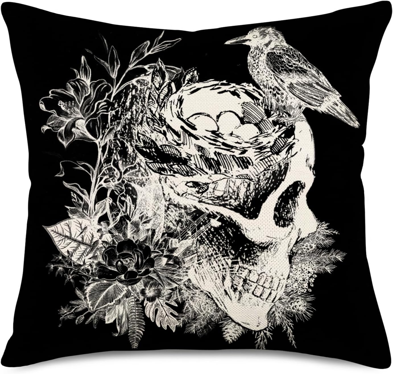 Fundas de almohada decorativas de Halloween de 18 x 18 pulgadas, fundas de almohada de calavera negra y blanca, fundas de almohada de esqueleto de