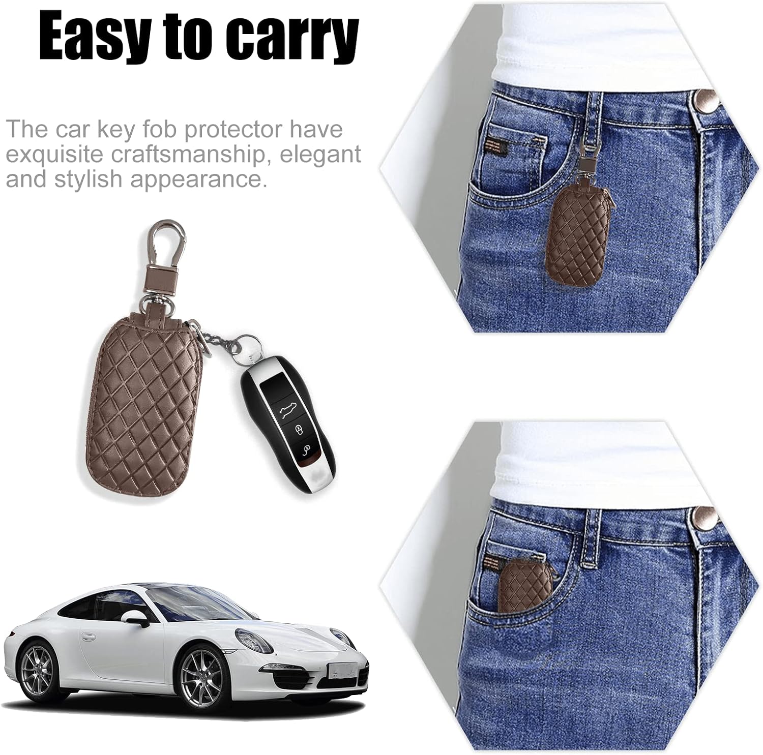 Funda universal para llave de automóvil, funda de cuero para llavero inteligente, protector antiarañazos con cremallera y gancho de metal (cuadros