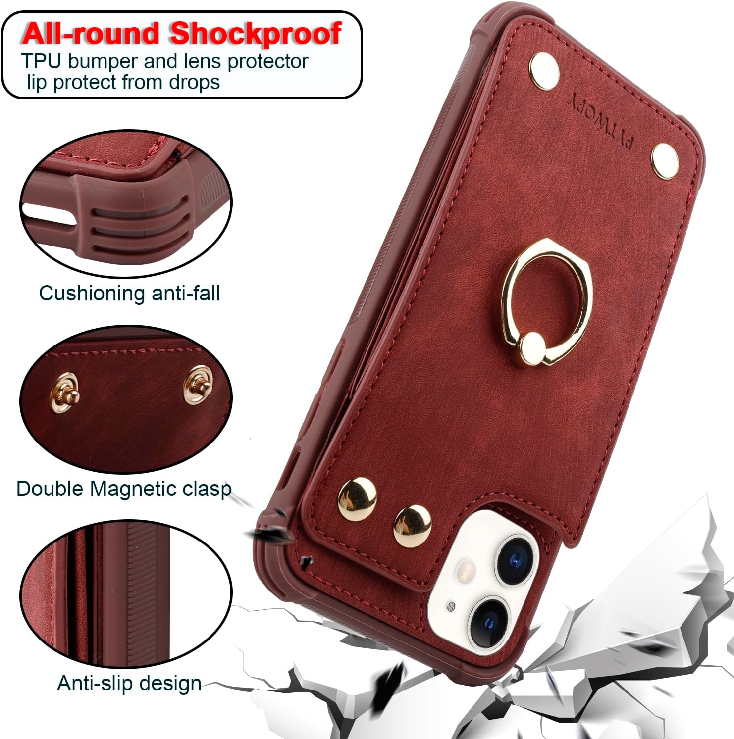 Funda tipo cartera para iPhone 12 Pro12 con tarjetero de crédito, funda protectora de cuero a prueba de golpes compatible con soporte de anillo de
