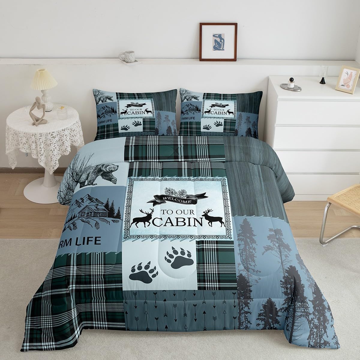 Manfei Rutic Farmhouse – Juego de edredón tamaño King, juego de ropa de cama de retazos de madera a cuadros de ciervo, oso, árbol, 3 piezas para