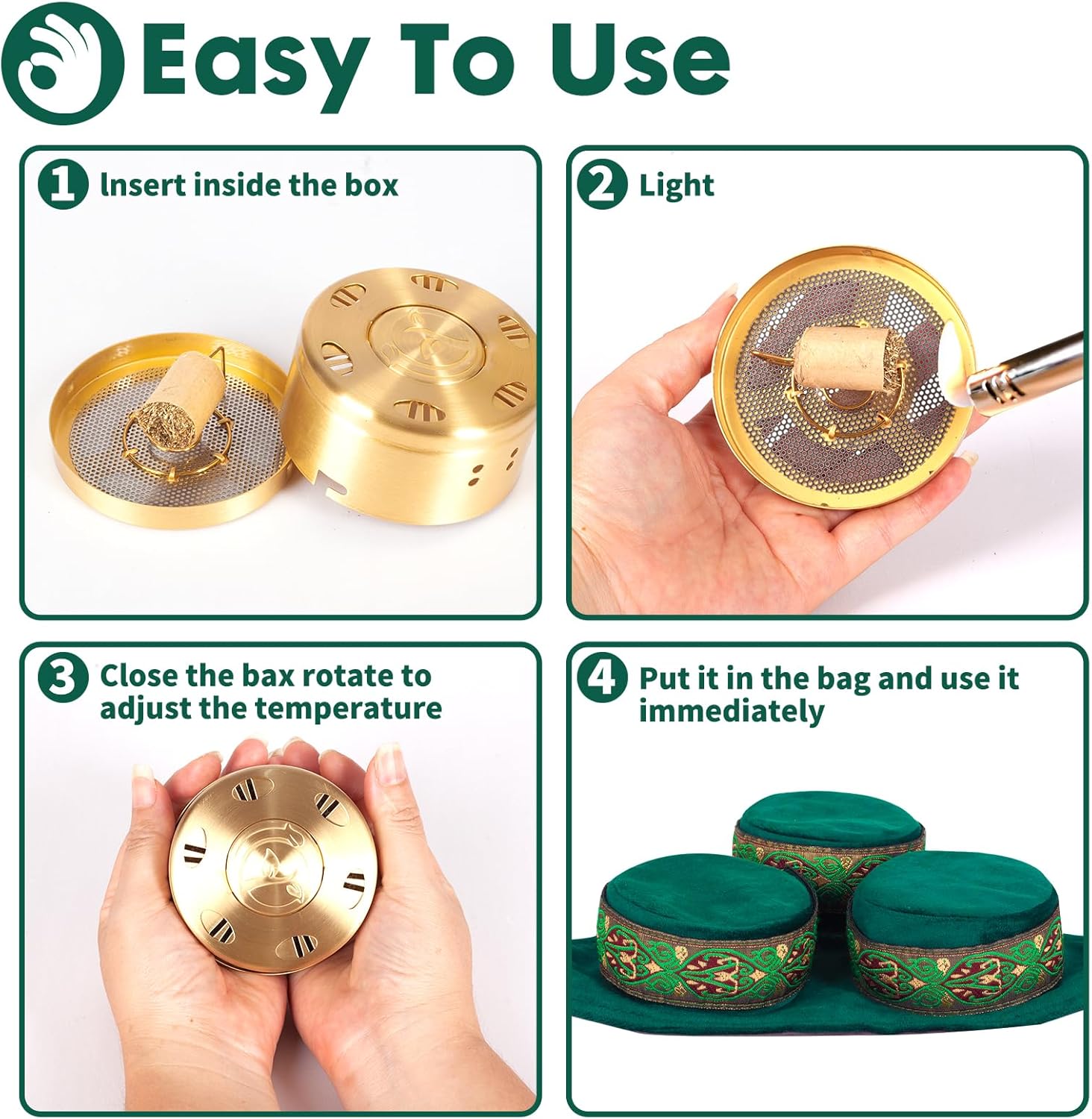 Caja de moxa de cobre sin humo, juego de 3 purificadores de tanque de cobre, herramienta de tratamiento de moxibustión, bolsa de terapia portátil,