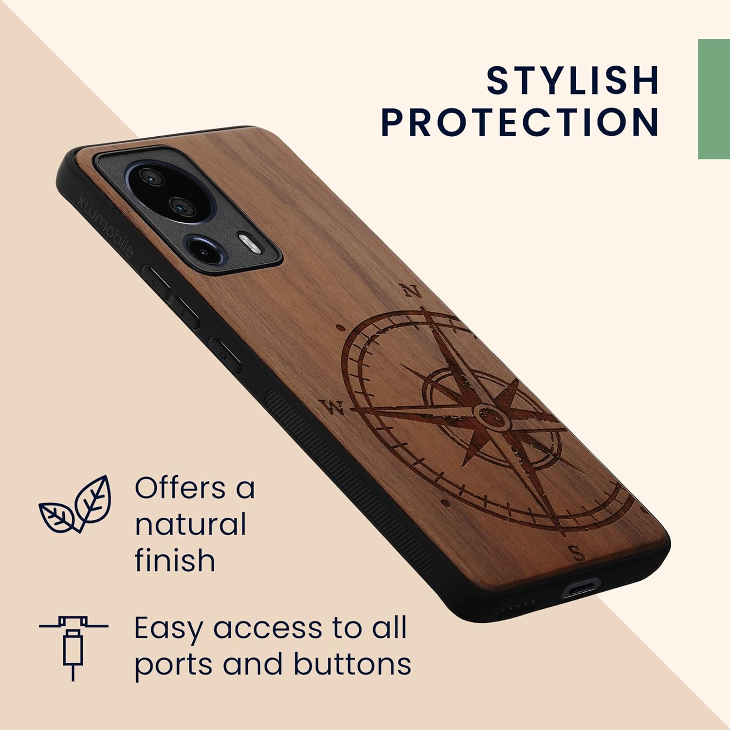 kwmobile Funda de madera compatible con Xiaomi 13 Lite 5G – Funda – Brújula de navegación marrón oscuro