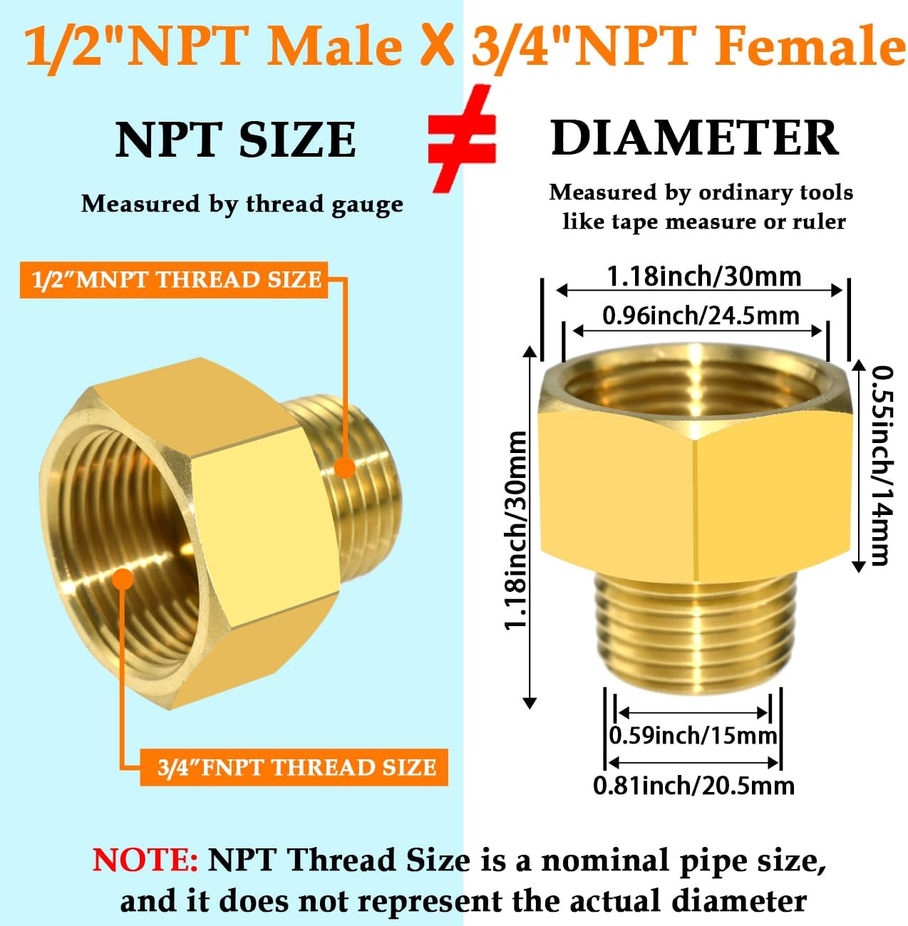 Adaptador de montaje de tubería de latón 12 “NPT macho a 34 “NPT conector reductor hembra, 2 piezas