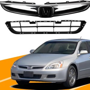 YLT AUTO Cubierta de parachoques delantero superior + rejilla inferior de repuesto para entrada de aire delantera con ribete cromado para Honda YLT AUTO Cubierta de parachoques delantero superior + rejilla inferior de repuesto para entrada de aire delantera con ribete cromado para Honda