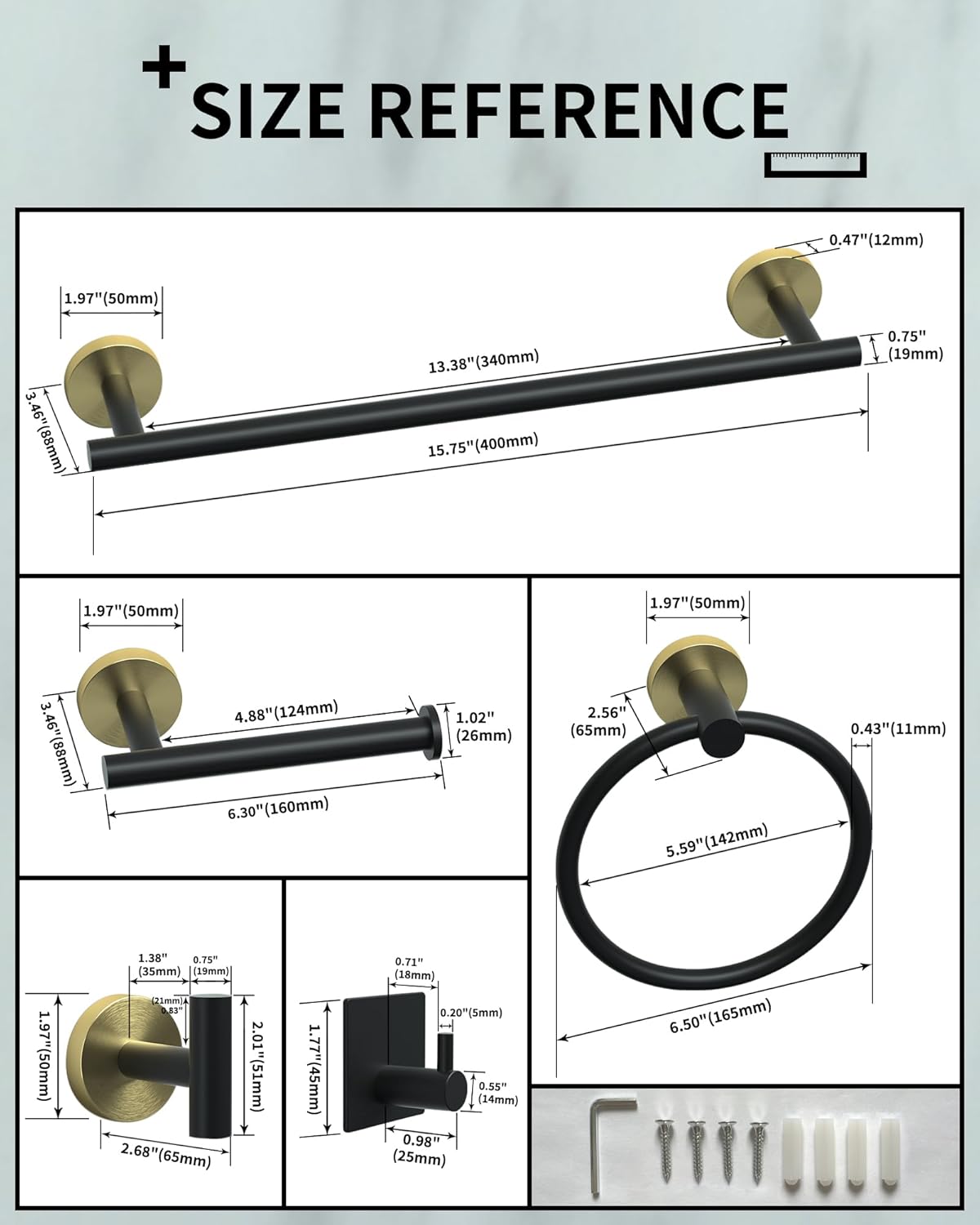 Juego de toallas de baño, juego de accesorios de baño negro y dorado, 12 piezas de accesorios de baño de acero inoxidable, incluye 2 toalleros de 16