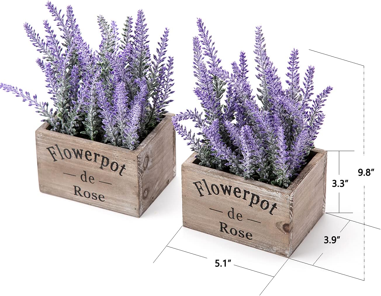 Velener 2 flores de lavanda sintética moradas con caja pequeña de madera para plantas de 5 pulgadas, plantas artificiales de granja para decoración