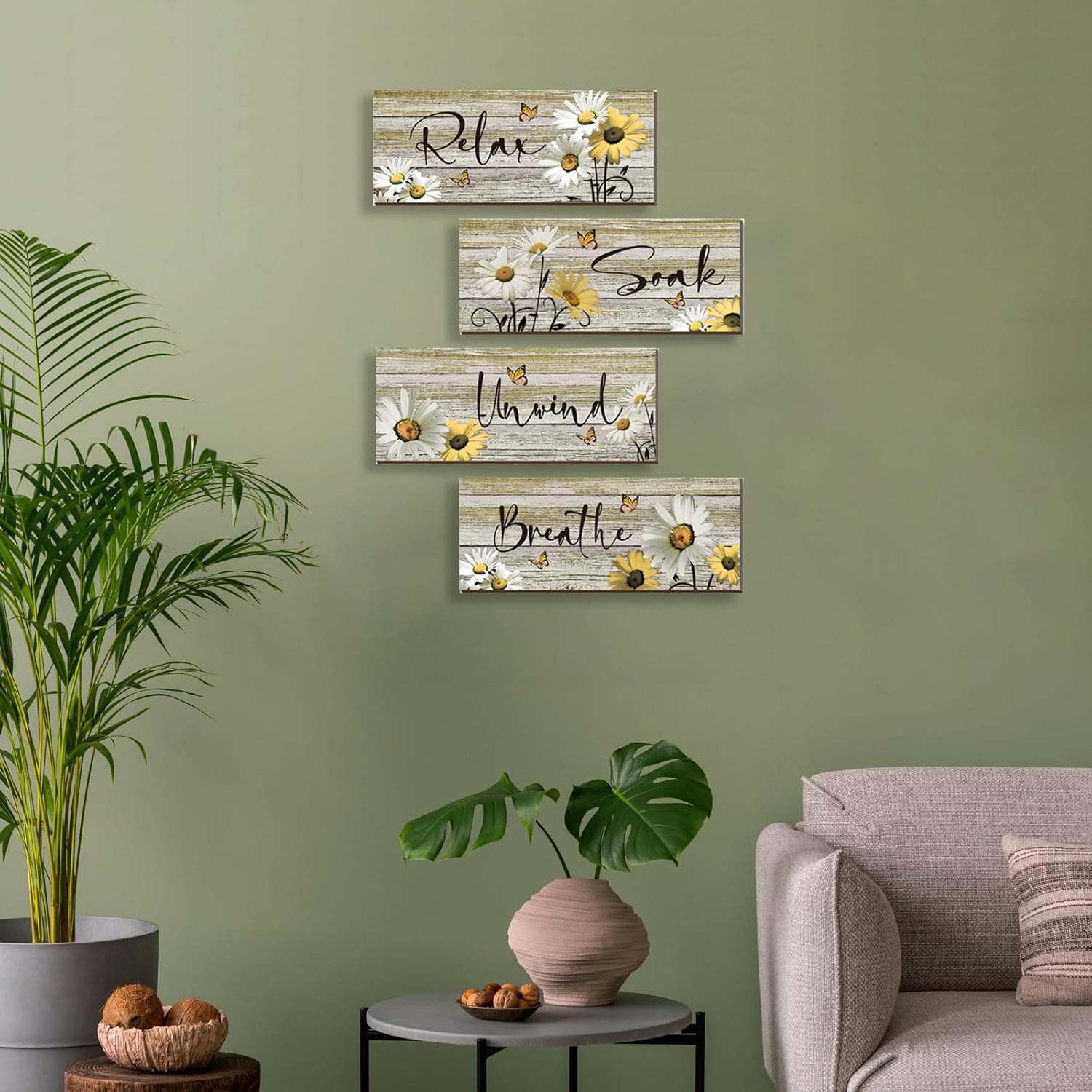 ZINYAZHE 4 piezas de decoración de pared de baño amarillas de margaritas amarillas y mariposas amarillas, arte de pared amarillo para relajarse,