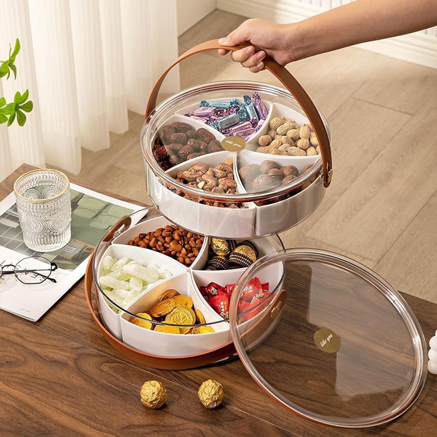 Bandeja transparente dividida para servir con tapa y asa, bandeja redonda portátil de plástico para verduras, caja de almacenamiento de alimentos