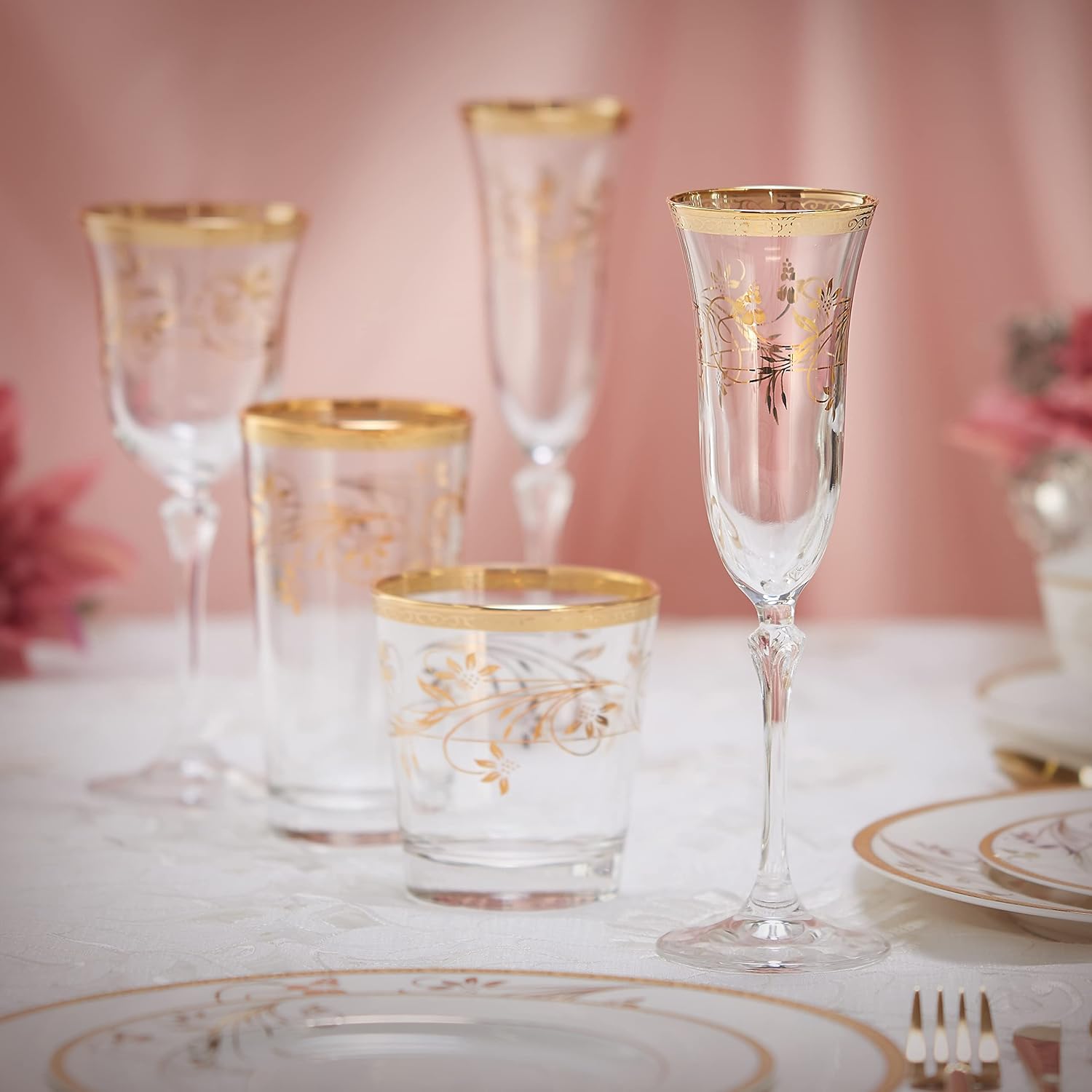 Elegante y moderna cristalería de flores de Rosalia para organizar fiestas y eventos, flauta de 5 onzas, juego de 4