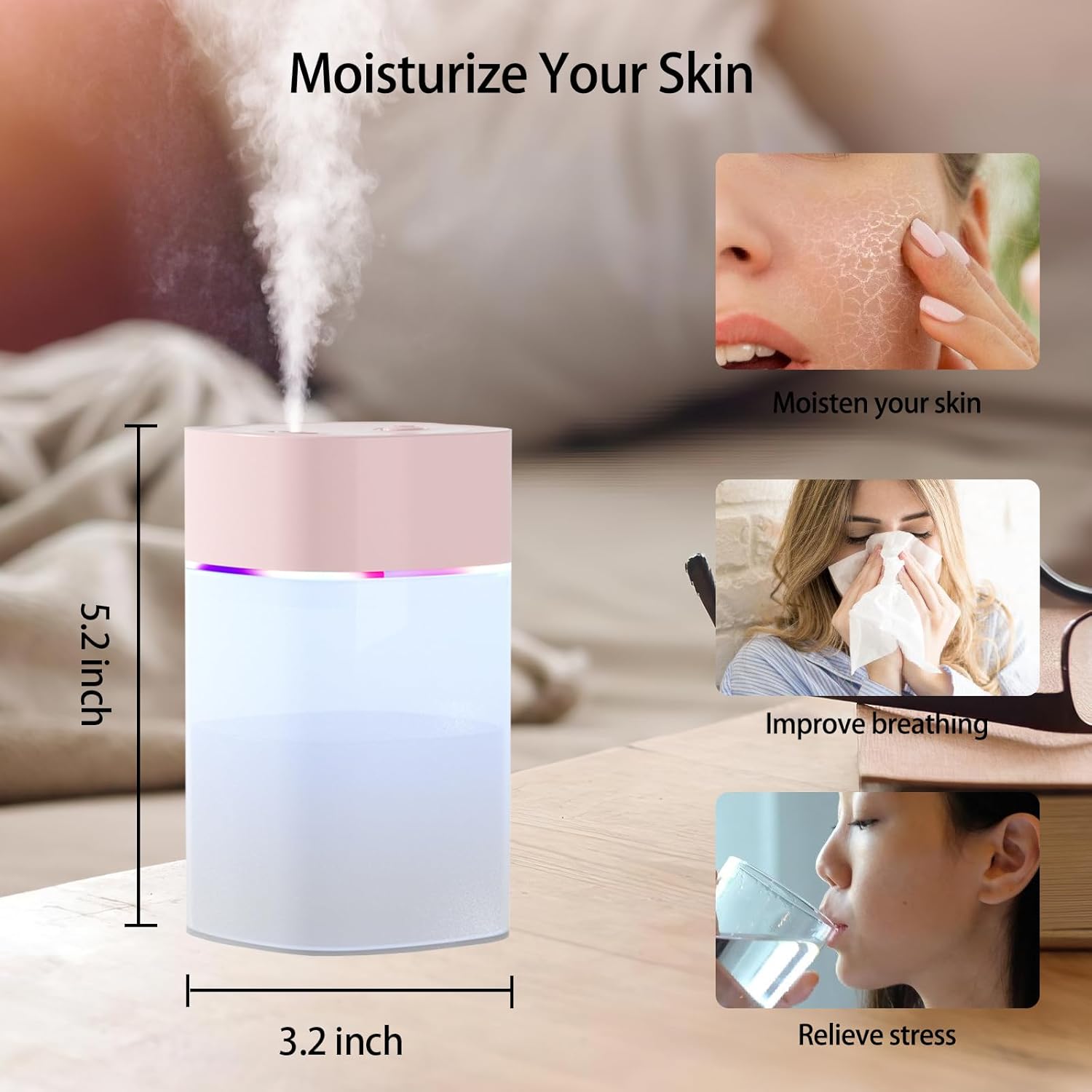 Humidificador pequeño, mini humidificador para plantas, humidificadores de niebla fría de 13.5 fl oz para dormitorio, humidificadores personales de