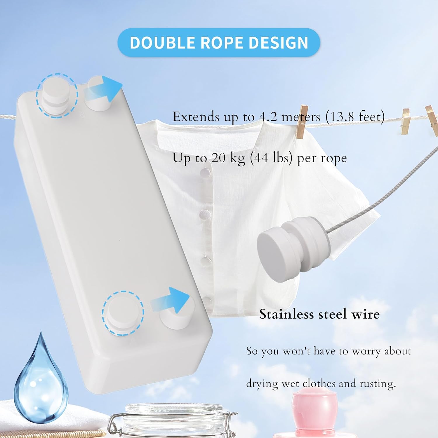 Tendedero retráctil para interiores y exteriores, línea de ropa ajustable retráctil para interiores, líneas de ropa dobles, línea de lavandería