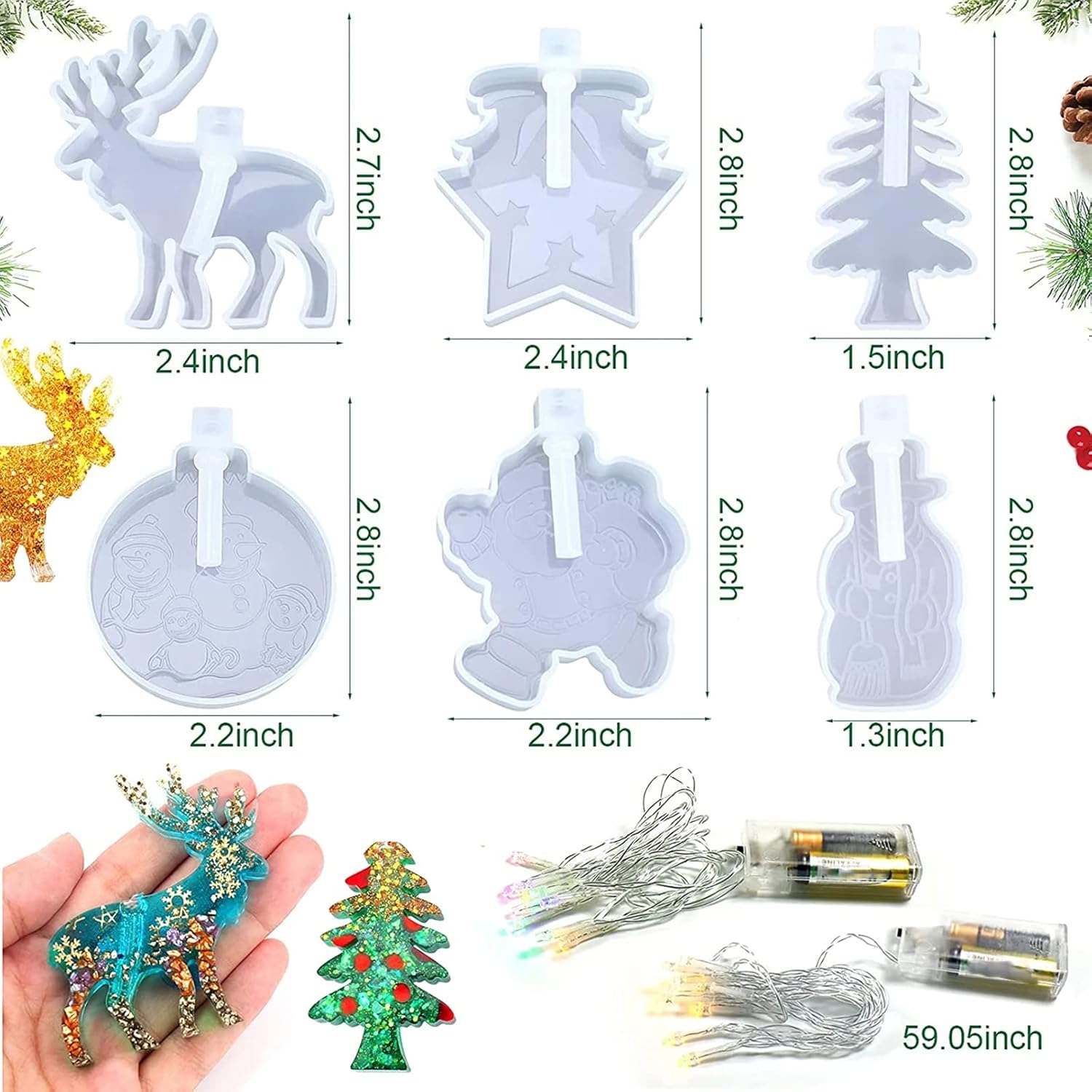 Moldes de resina de Navidad, moldes de silicona para adornos de Navidad, moldes de Navidad epoxi para fundición de resina con 2 luces de hadas para