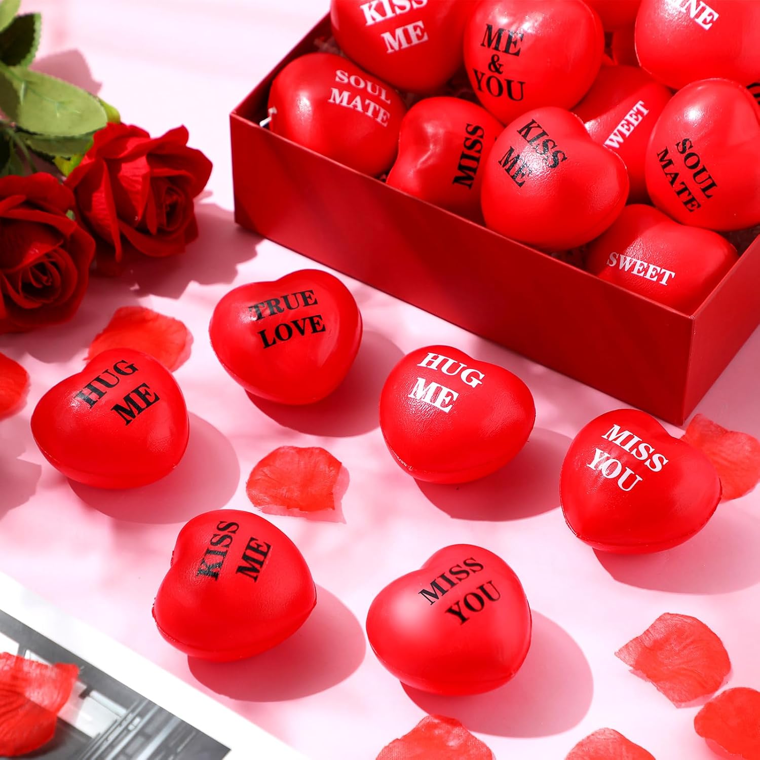 108 bolas de estrés con forma de corazón para el día de San Valentín, bolas rojas para apretar, bolas de espuma para aliviar el estrés, minibolas de