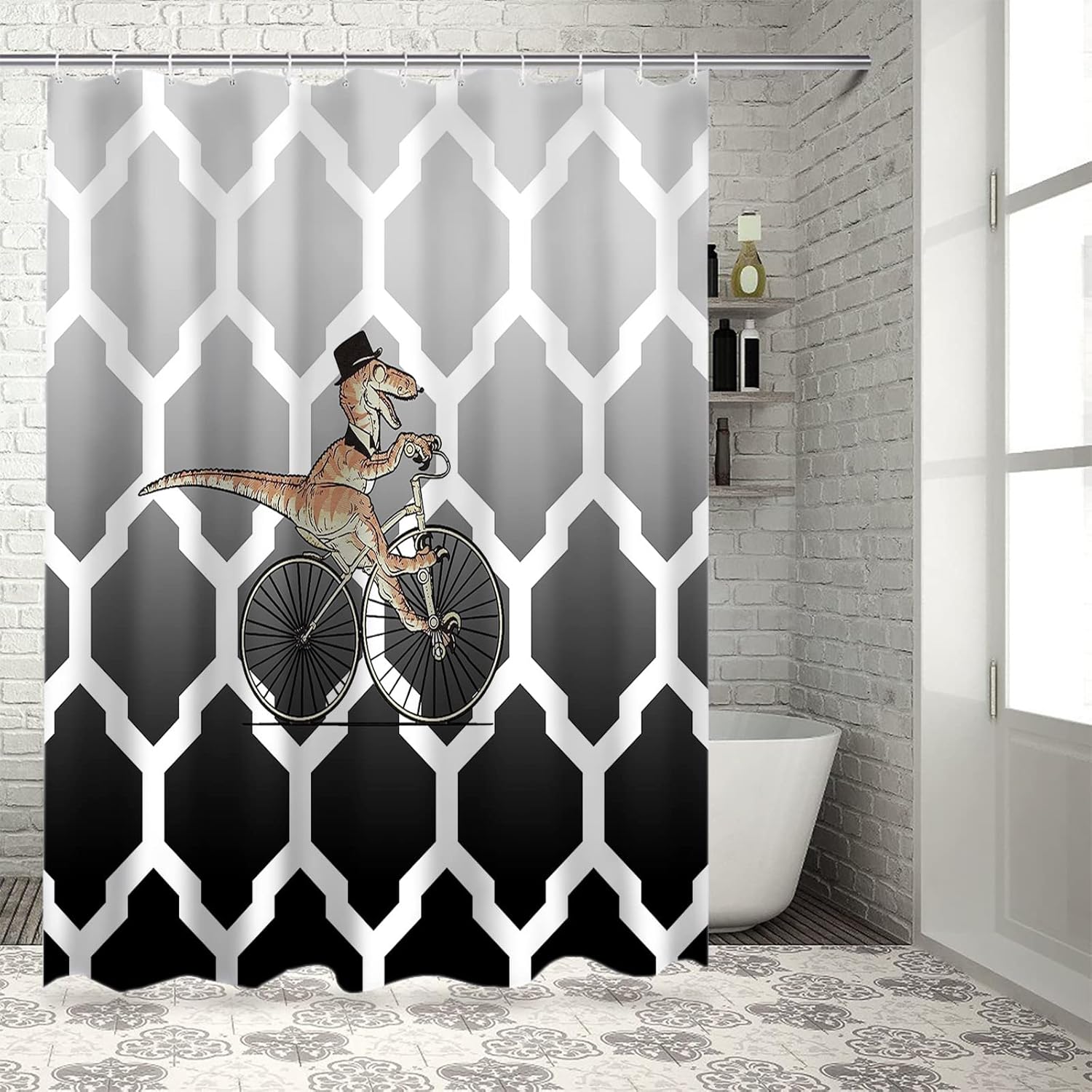 Vandarllin Divertida cortina de ducha con diseño geométrico de dinosaurio para bicicleta, juego de cortinas de ducha para niños, con ganchos, tela