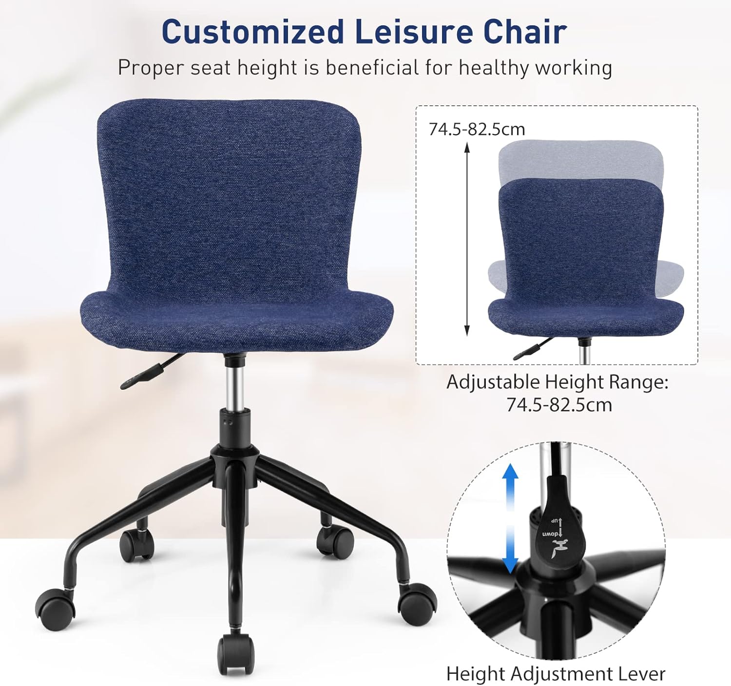 Giantex Silla de oficina en casa con ruedas, silla giratoria de computadora con respaldo medio, silla de ocio de lino ajustable para sala de estar,