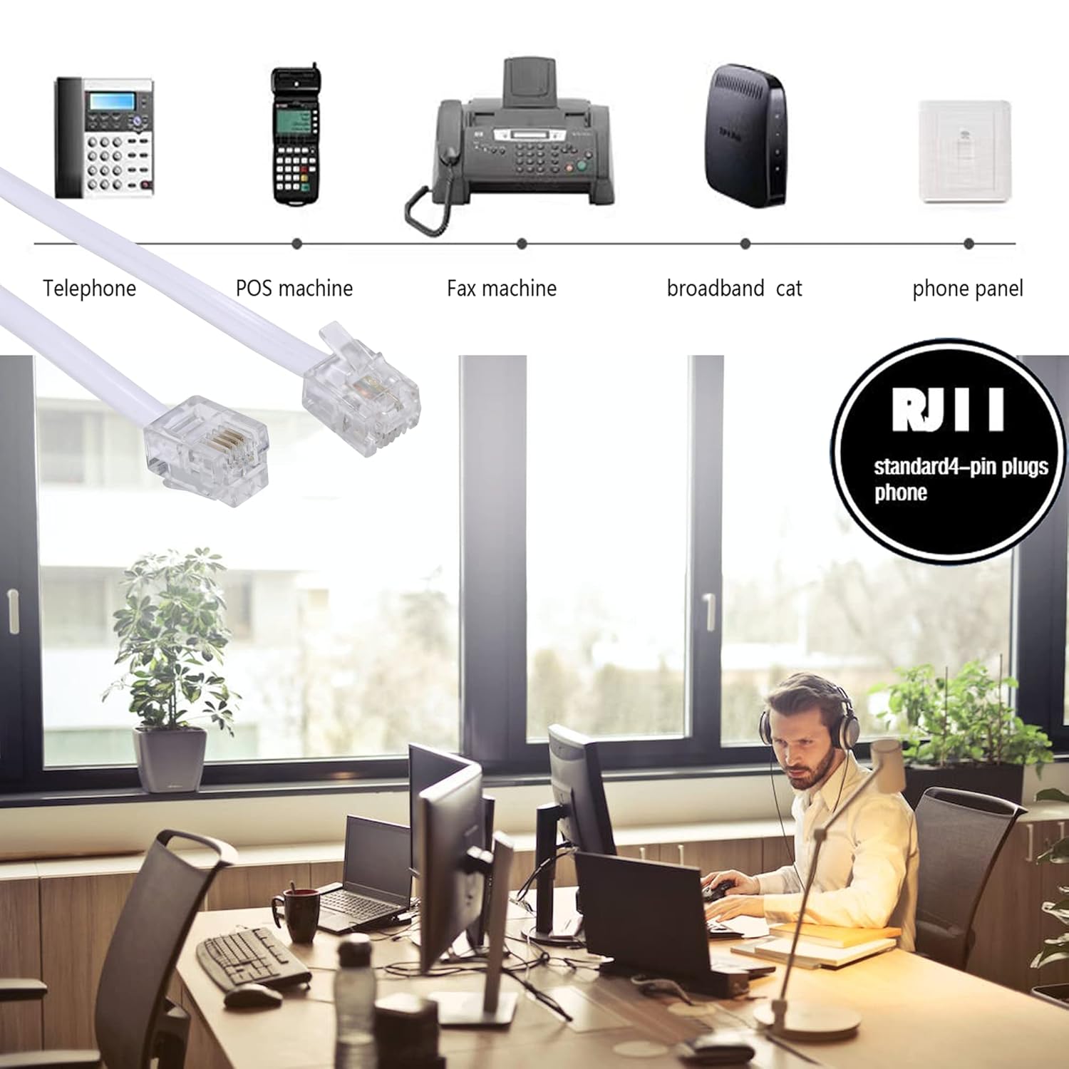 Cable de extensión de teléfono de 100 pies de largo, con enchufe RJ11 estándar y 1 acoplador en línea y 35 soportes de clip para cables, color blanco