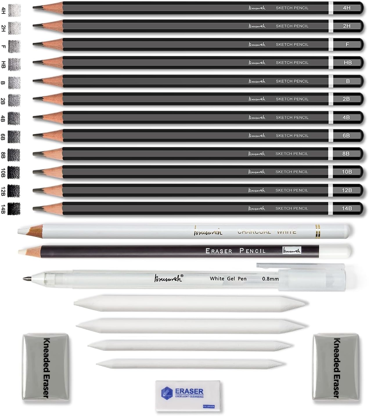 Juego de lápices de dibujo  22 lápices de grafito, bolígrafo de gel blanco, lápices de carbón blanco, lápices de borrador, borradores, tocones de