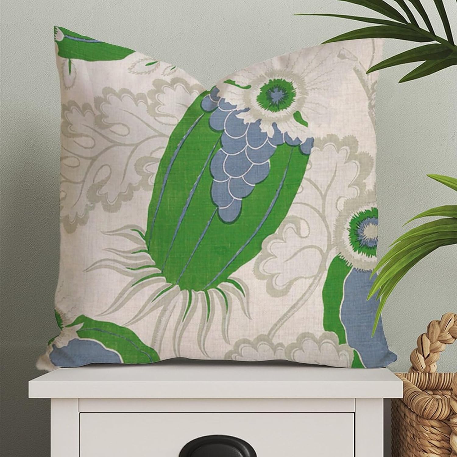 Funda de almohada estilo chinoiserie verde, floral, azul, marfil, funda de almohada europea verde, funda de cojín asiática, 20 x 20 pulgadas, funda