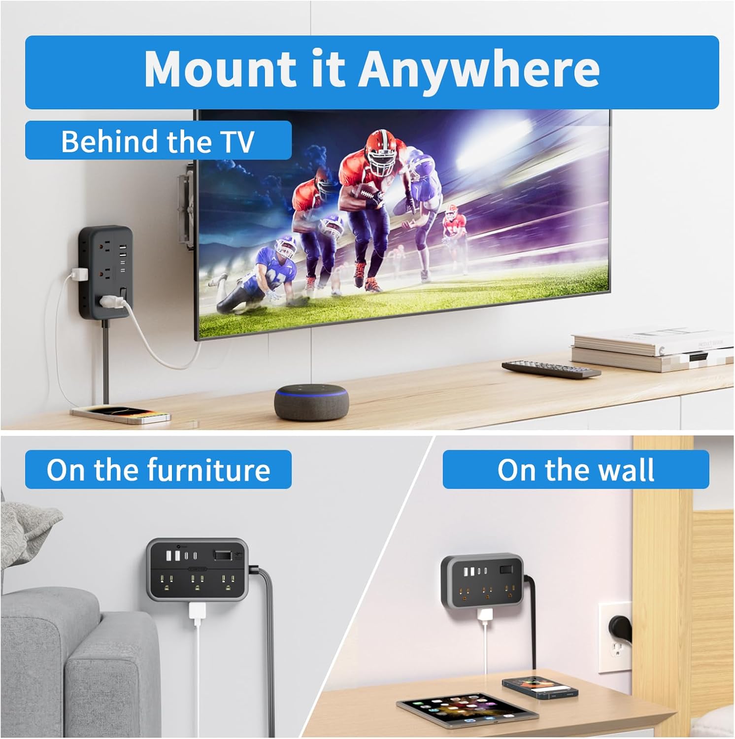 NTONPOWER – Cable de extensión largo 10 en 1 de 25 pies con 4 puertos USB (incluye 2 USB C) cable de extensión con múltiples tomas de corriente
